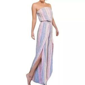 NWT Anthropologie DREW Emerson Strapless Split Leg Jumpsuit Rainbow Linen Size S